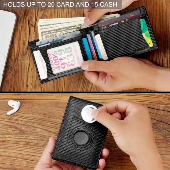 Men’s Wallet Slim Carbon Fibre Faux Leather wi/ Airtag Slot l/Card Holder | NEW - Picture 4 of 6